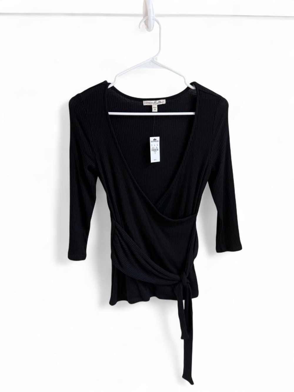 Express One Eleven Black Ribbed Wrap Front Tie Top
